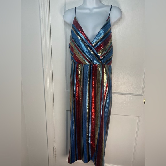 Vici Dresses & Skirts - VICI Striped Multicolor Women's Sequin Wrap Midi Sleeveless Dress